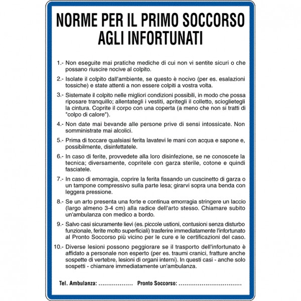 Cartello norme di primo soccorso per infortunati