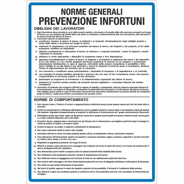 Cartello norme generali di prevenzione infortuni