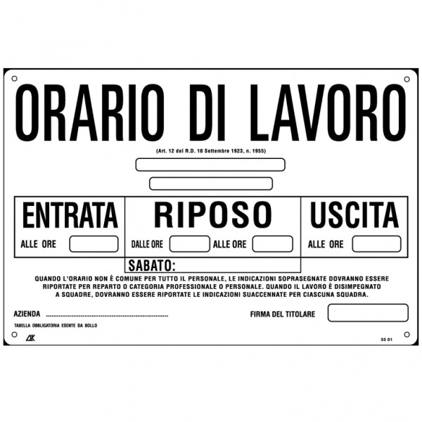 Cartello informativo orario di lavoro